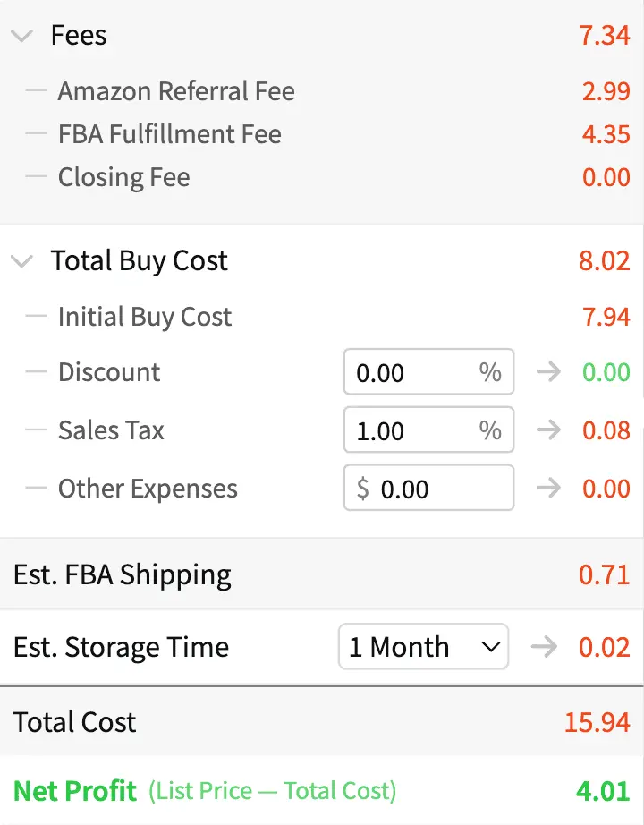 ScoutX fee breakdown on an Amazon listing