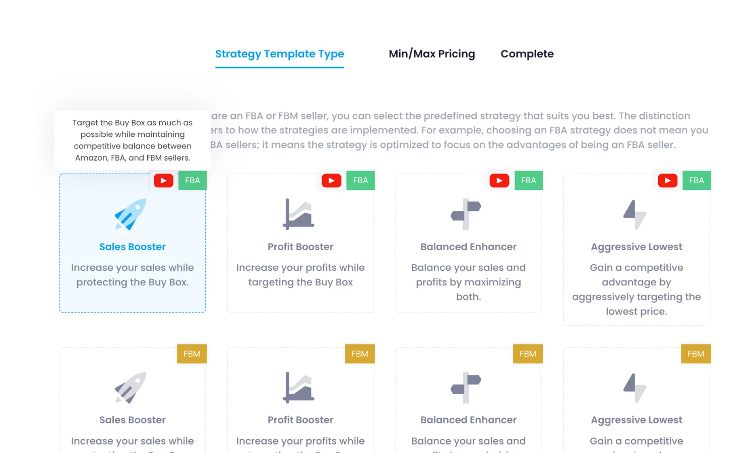 SalesBoosterFBA strategy template configured in SmartRepricer
