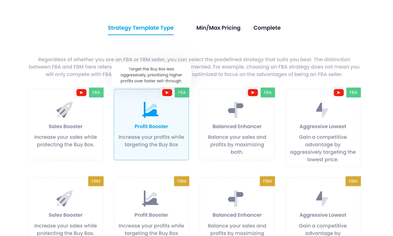 ProfitBoosterFBA strategy template configured in SmartRepricer