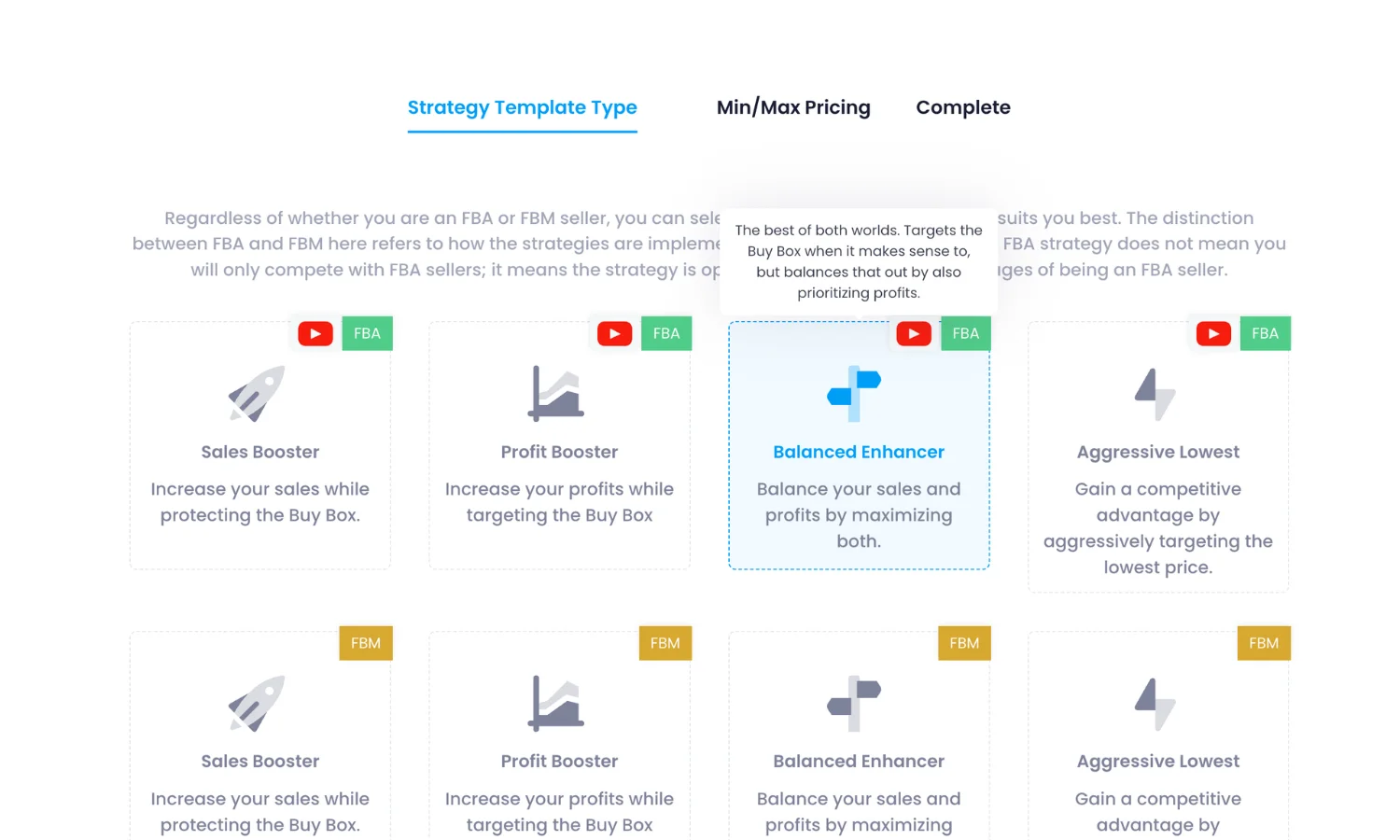 BalancedEnhancerFBA strategy template configured in SmartRepricer