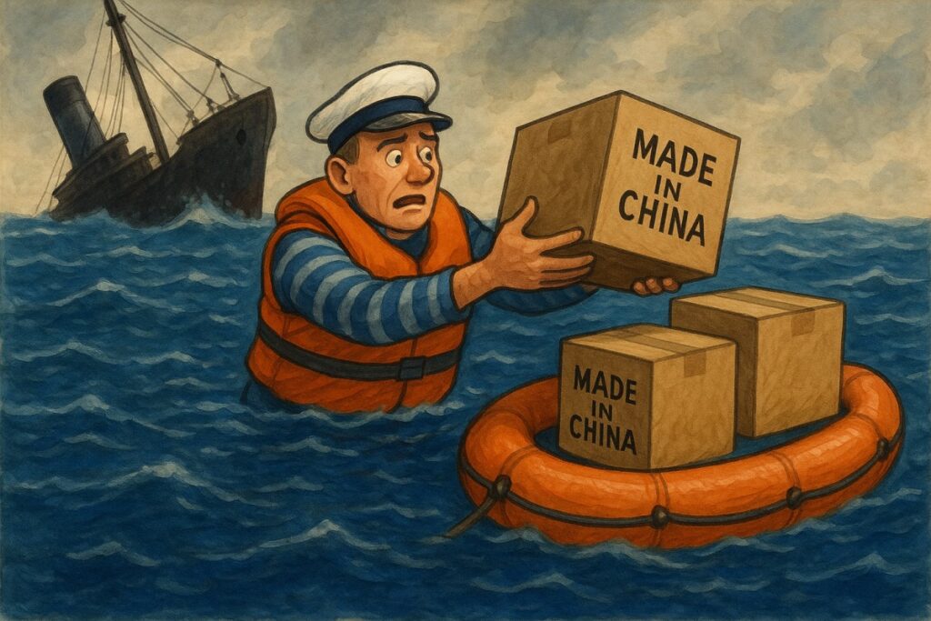 Cartoon of a sailor putting boxes labeled "Made in China" on a life raft while his ship sinks in the background. AI-generated image (ChatGPT).