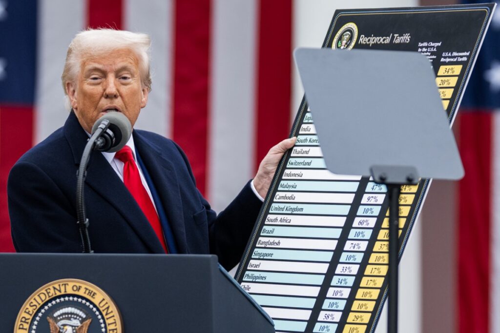 Donald Trump introducing reciprocal tariffs on April 2, 2025.