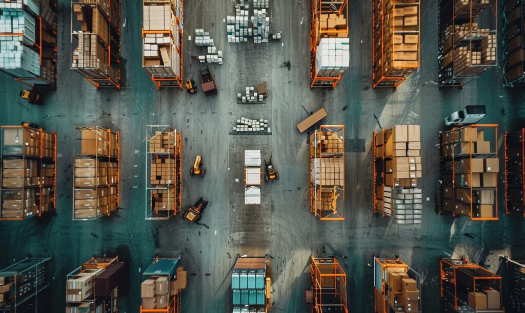 Warehouse full of boxes and forklifts seen from above