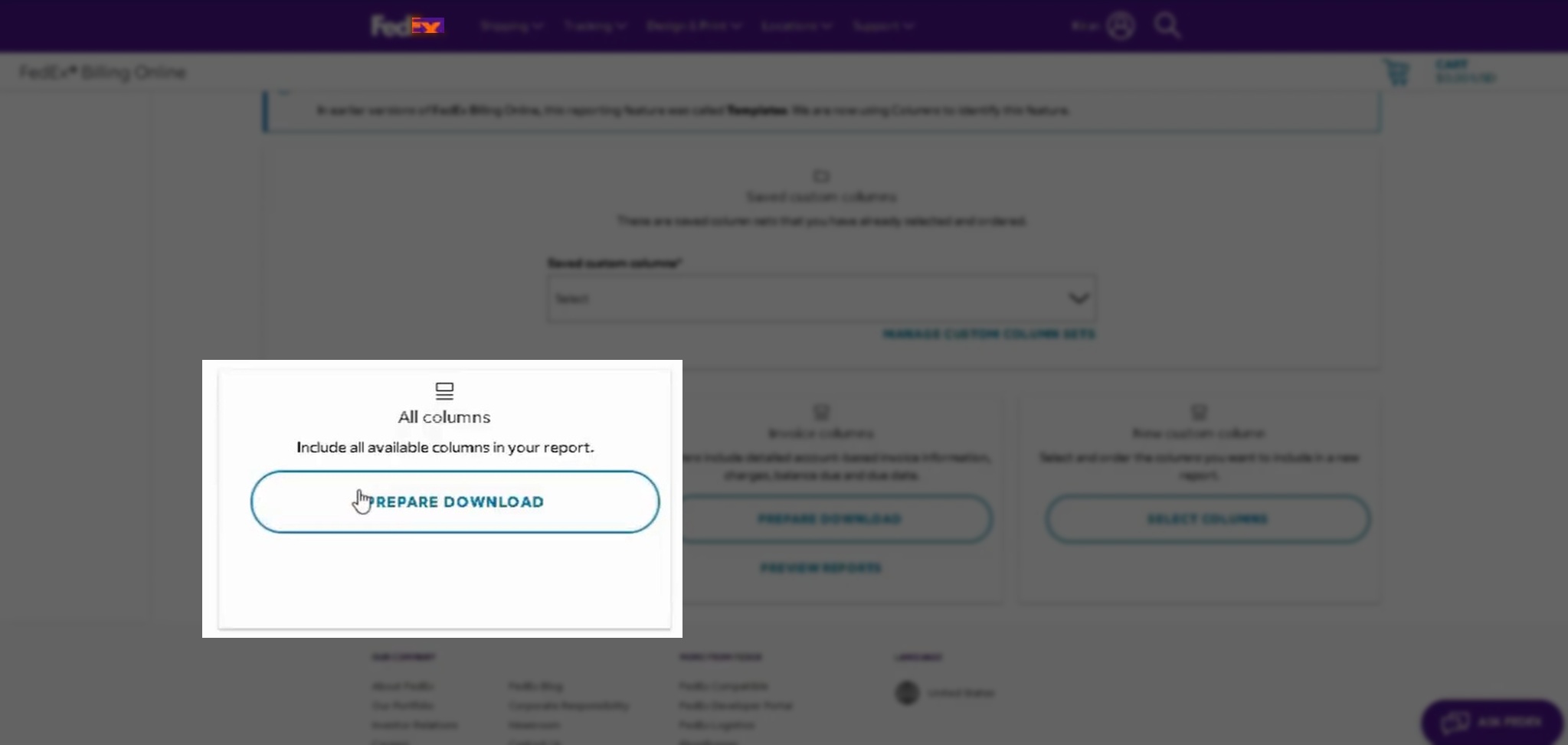 A screenshot of FedEx Billing Online highlighting the "Prepare Download" button in the "All columns" tile in the bottom left of the screen.