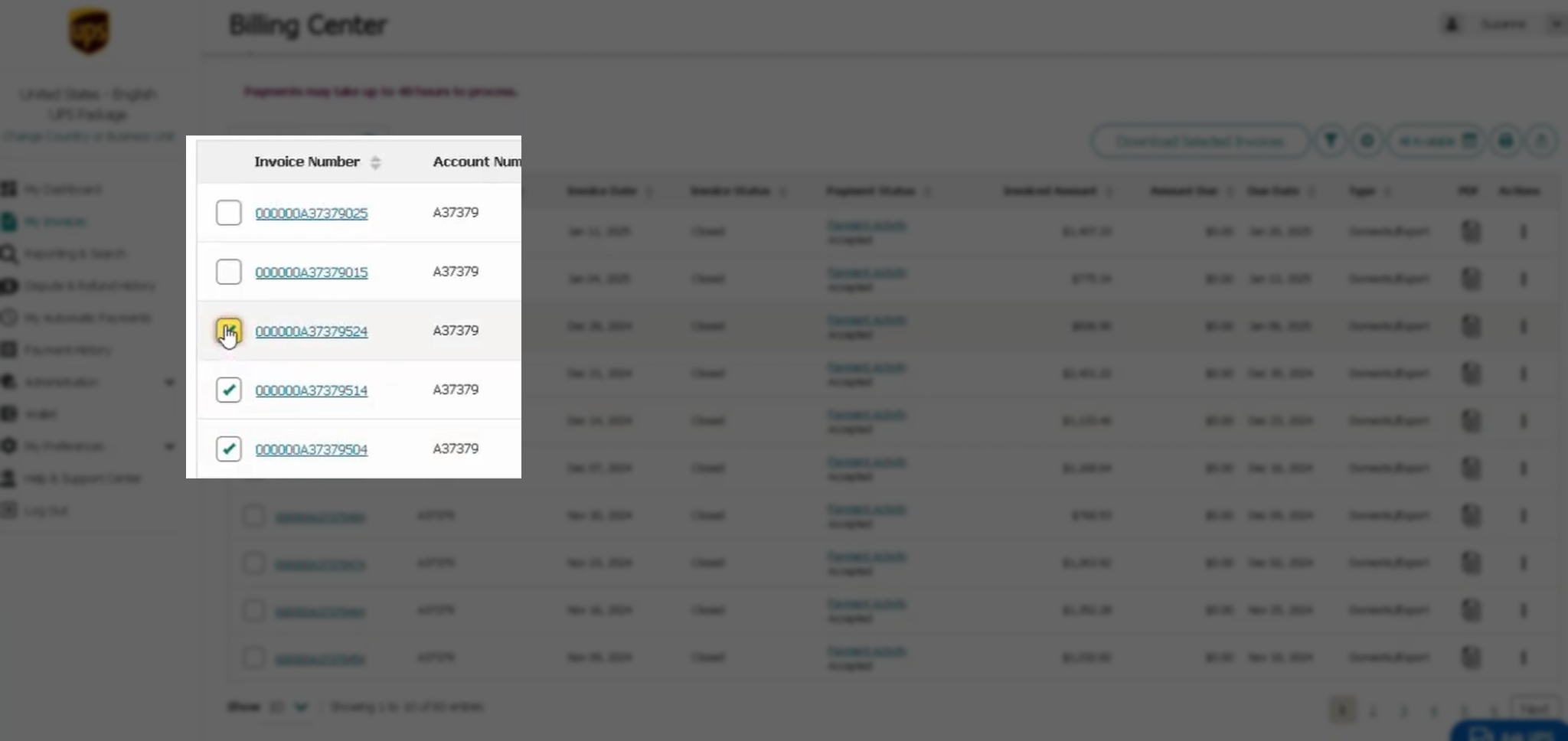 Screenshot of the UPS Billing Center showing how to select the invoices you want to download.