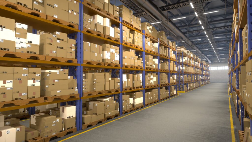 Amazon FBA capacity limits - Warehouse shelves packed high with boxes, illustrating storage space.