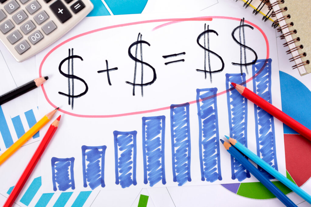 Amazon profit tracking tools - Chart with dollar signs and bar graph, symbolizing Amazon finances