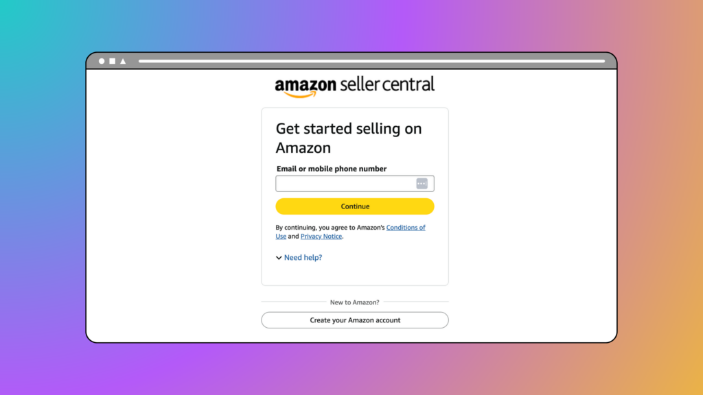 Amazon seller account - Screenshot of the Amazon Seller Central login or signup page