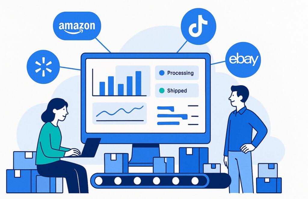 Illustration of two multichannel ecommerce operators calmly managing a central dashboard that connects Amazon, Walmart, TikTok Shop, and eBay, with parcels moving smoothly on a conveyor belt—representing streamlined multichannel operations.