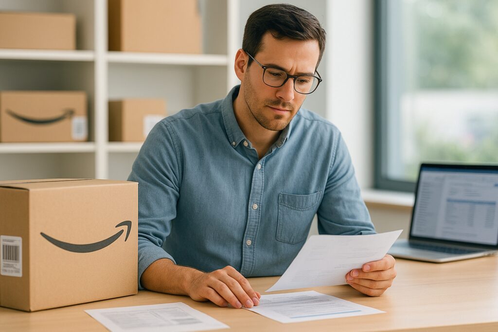 Man sitting a desk surrounded by Amazon boxes while reviewing shortage claims documents.