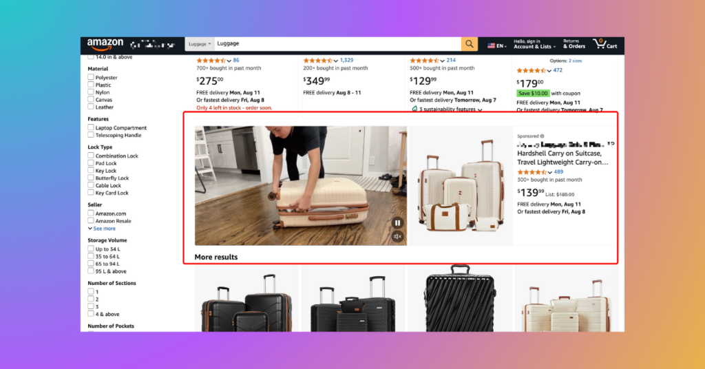 Amazon ad placement - A screenshot of a sponsored video ad on the Amazon search results page