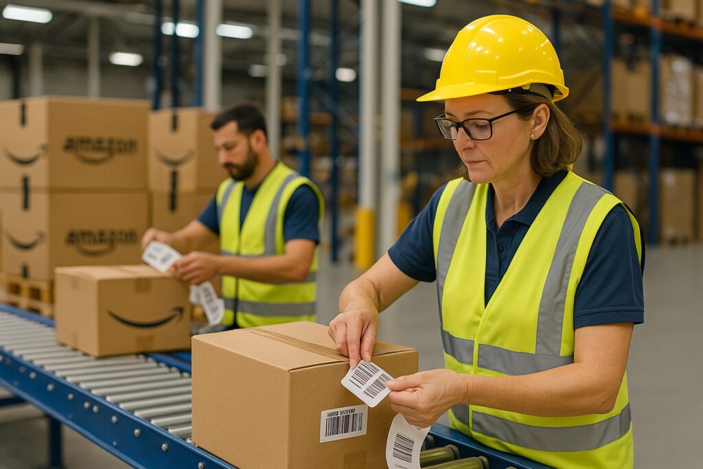 Warehouse team applying FNSKU labels to cartons before palletizing.