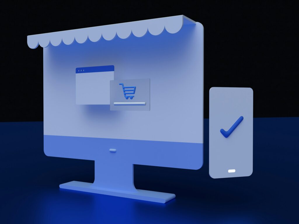 Top marketplace management platforms - An illustration of an online store with a computer and phone