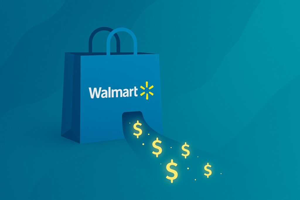 Walmart reimbursements hero image with dollar signs flowing out of bag