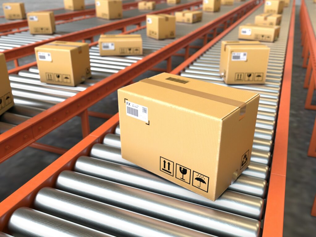 Reconcile Amazon inbound shipment claims - Packages moving on a warehouse conveyor belt
