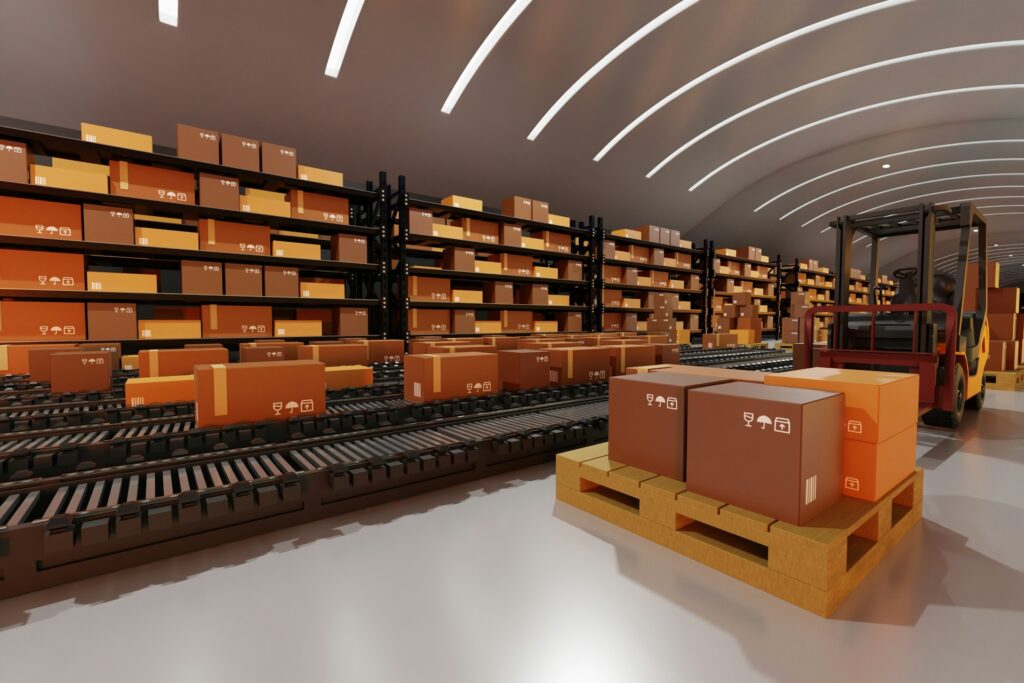 Top Amazon FBA prep centers - A warehouse with packages on shelves and a conveyor belt