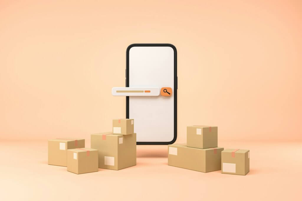 Best Amazon product listing software - A smartphone with a search bar surrounded by shipping boxes