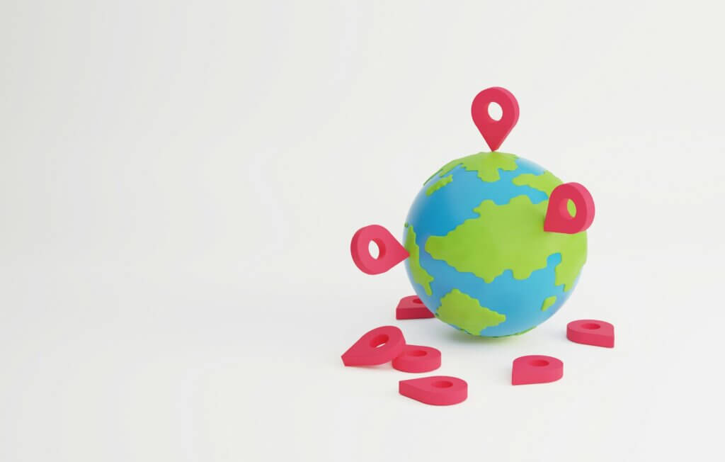 Amazon international marketplaces - A 3D model of the Earth with red location pins placed on various continents