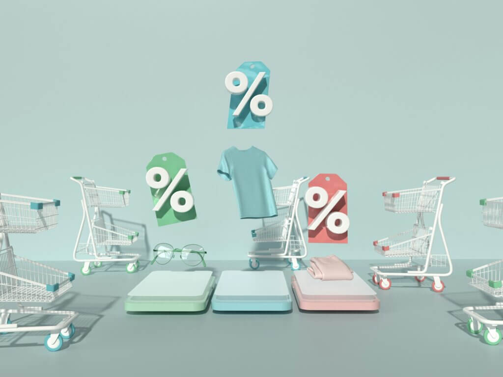 Amazon lightning deals - A 3D graphic showing products and shopping carts with percentage sign tags floating overhead, symbolizing discounts