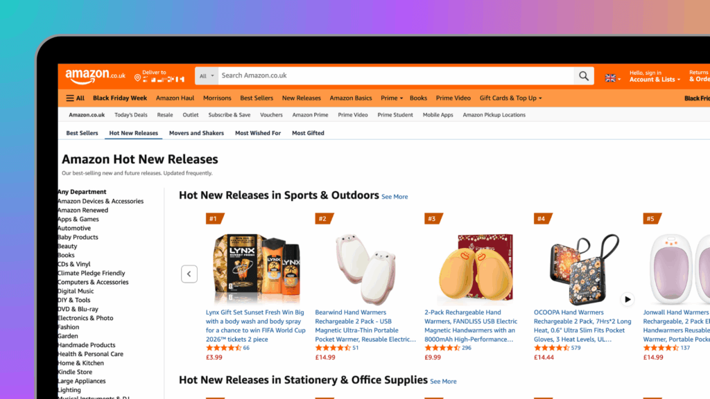 Sell on Amazon UK - A screenshot of the Amazon.co.uk homepage highlighting the Hot New Releases section