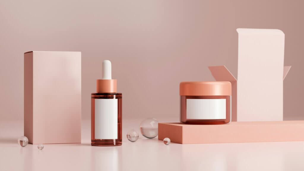 Sell beauty products on Amazon - A minimalist 3D display of serum dropper bottles and a moisturizer jar with blank labels and pink packaging