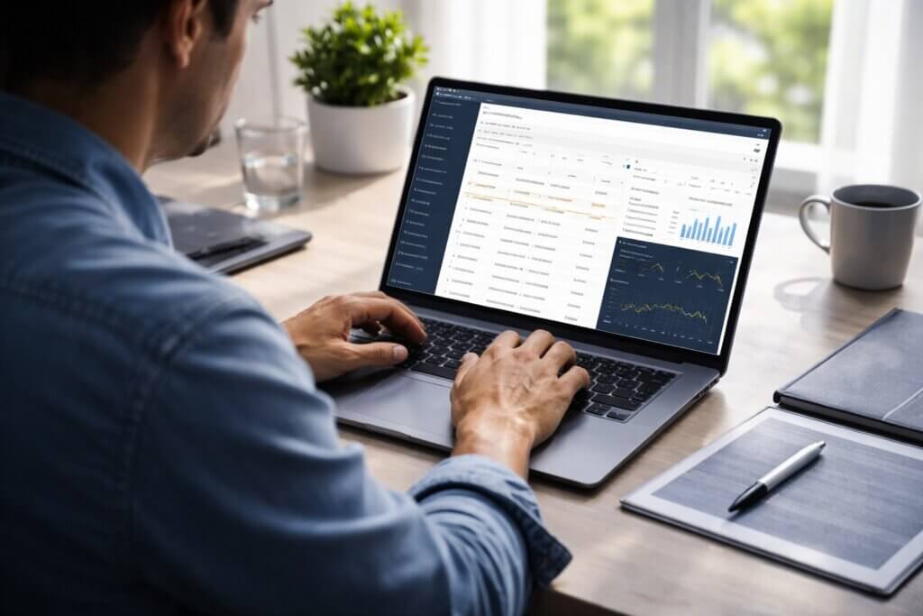 An ecommerce operator reviewing financial data on a laptop in front of a sunny window.