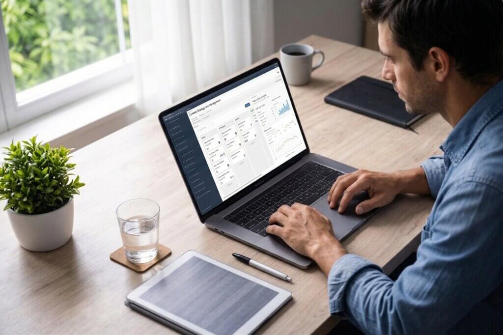 A man sat at a desk in front of a window reviewing financial data on a laptop.