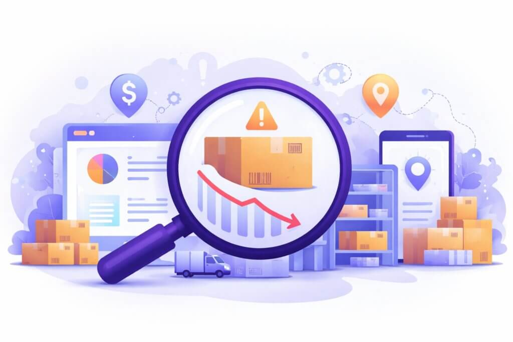 An illustration of a magnifying glass looking over shipping and ecommerce graphs to find hidden margin gaps.
