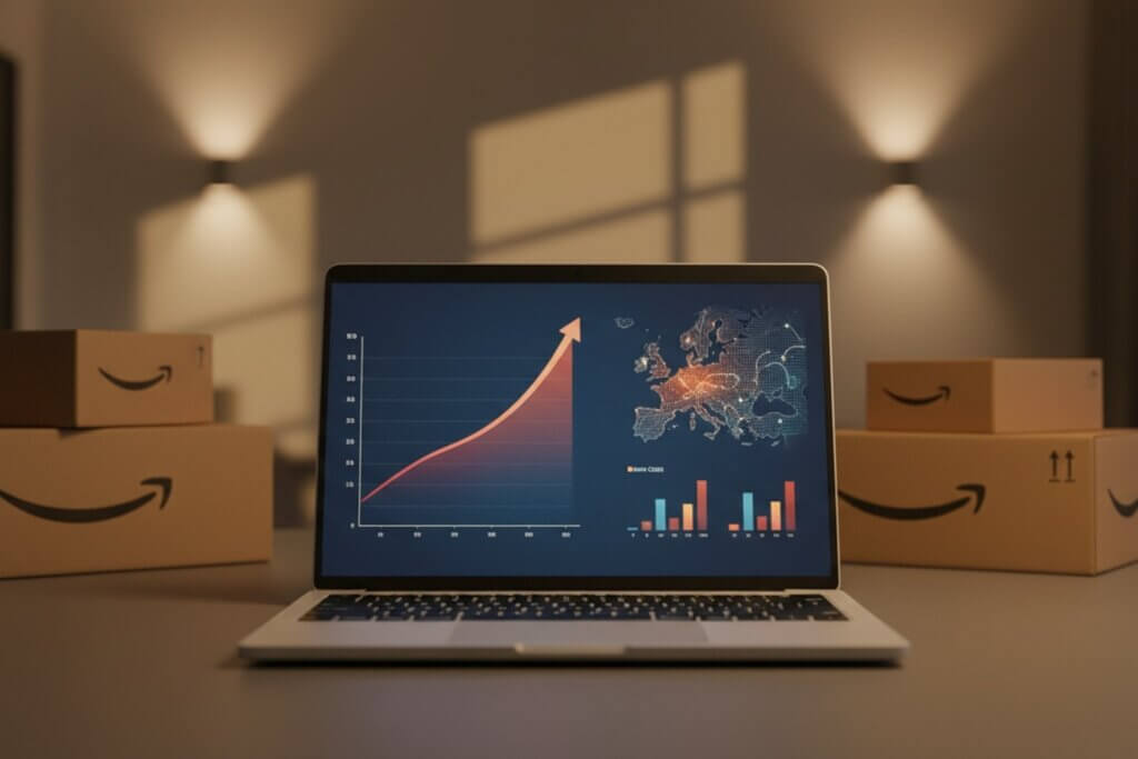 A laptop showing a rising line graph. The laptop is surrounded by Amazon boxes.