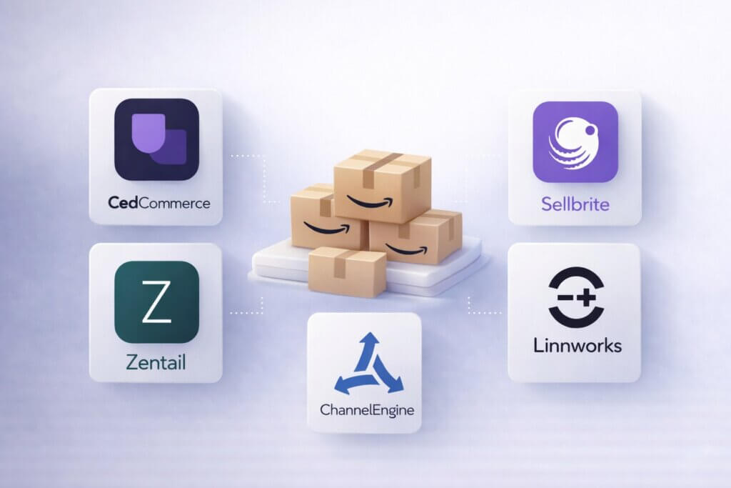 Logos for the best multichannel listing platform for Amazon sellers in 2026, showing CedCommerce, Zentail, ChannelEngine, Linnworks, and Sellbrite.