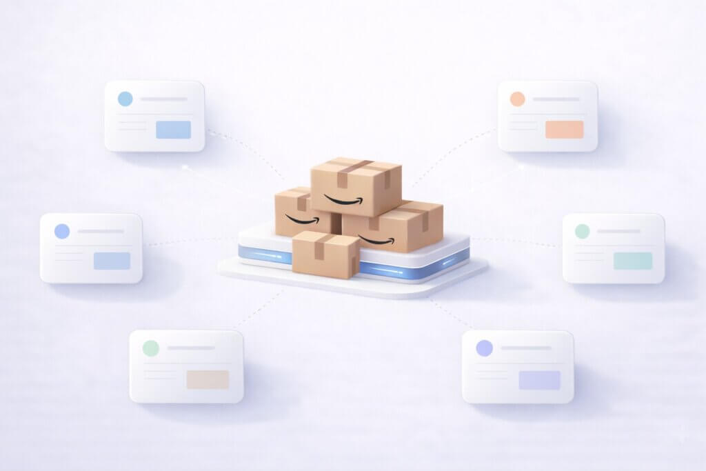 Illustration of a central Amazon inventory, represented by Amazon boxes, surrounded by abstract channels.