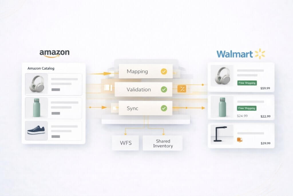 A graphical representation of how to sell on Walmart Marketplace from Amazon using a platform for product mapping and validation, as well as order and inventory syncing.