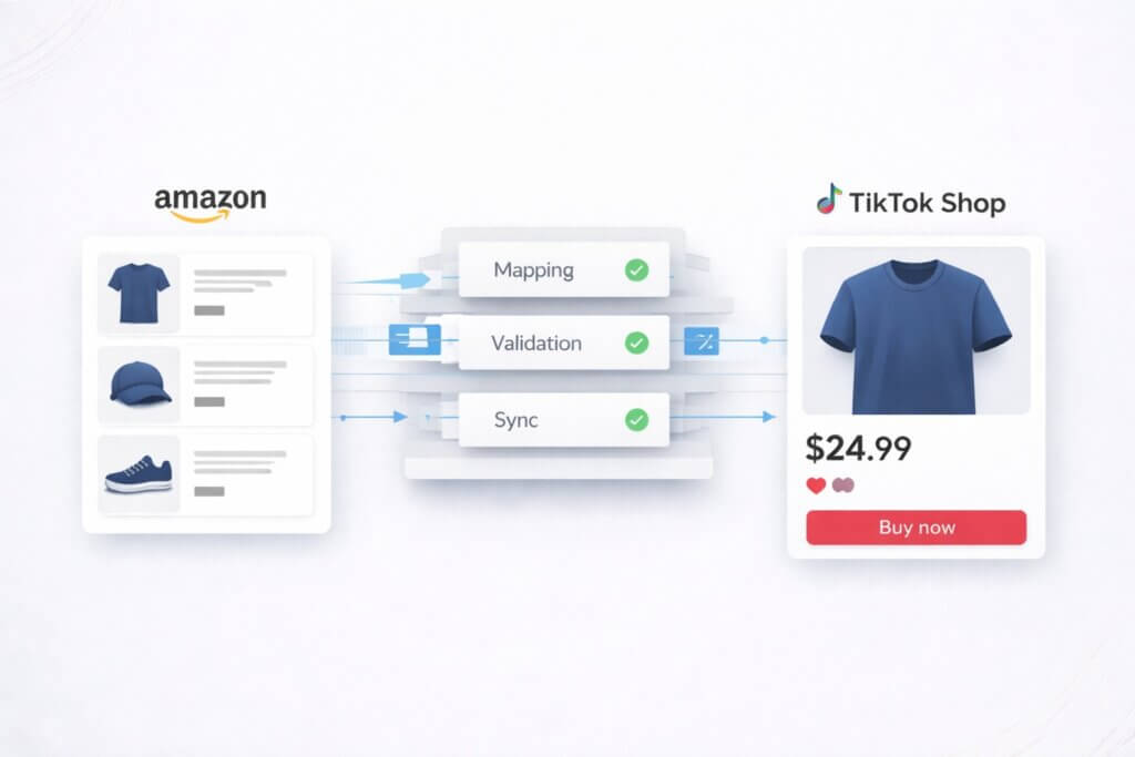 A graphical representation of how to sell on TikTok Shop from Amazon using a platform for product mapping and validation, as well as order and inventory syncing.