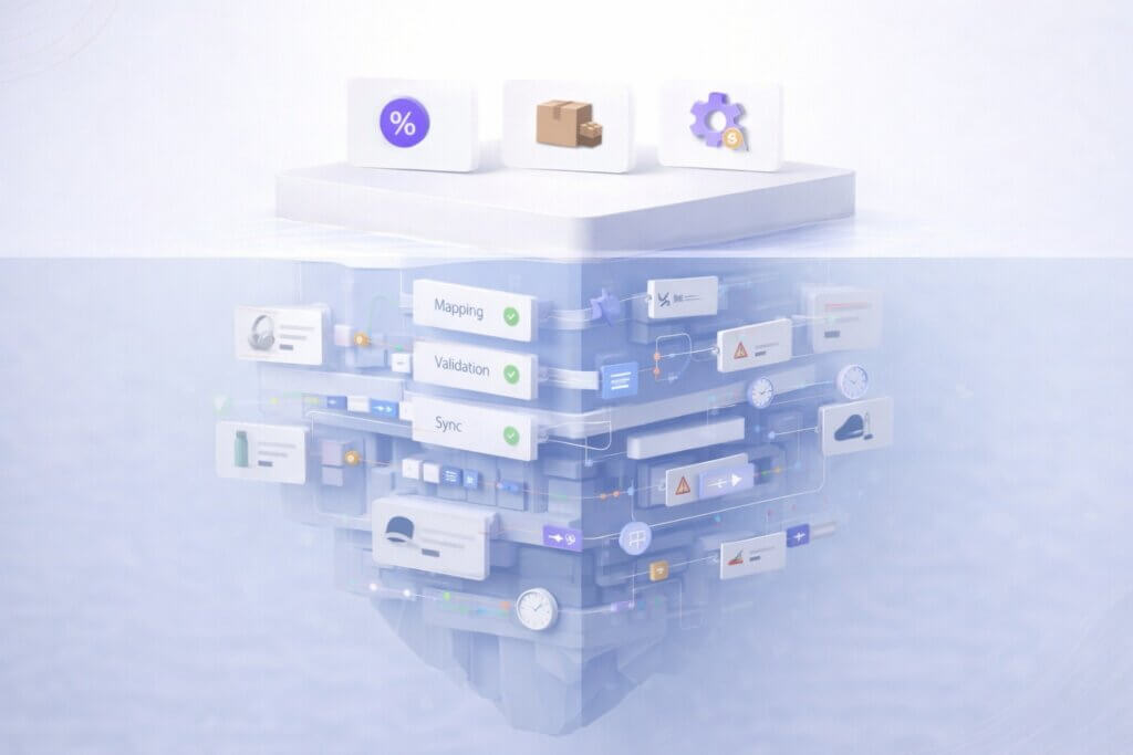 An illustrated iceberg metaphor showing the obvious cost of multichannel expansion (marketplace fees, fulfillment, tooling) above the surface and the complex mix of hidden costs beneath.