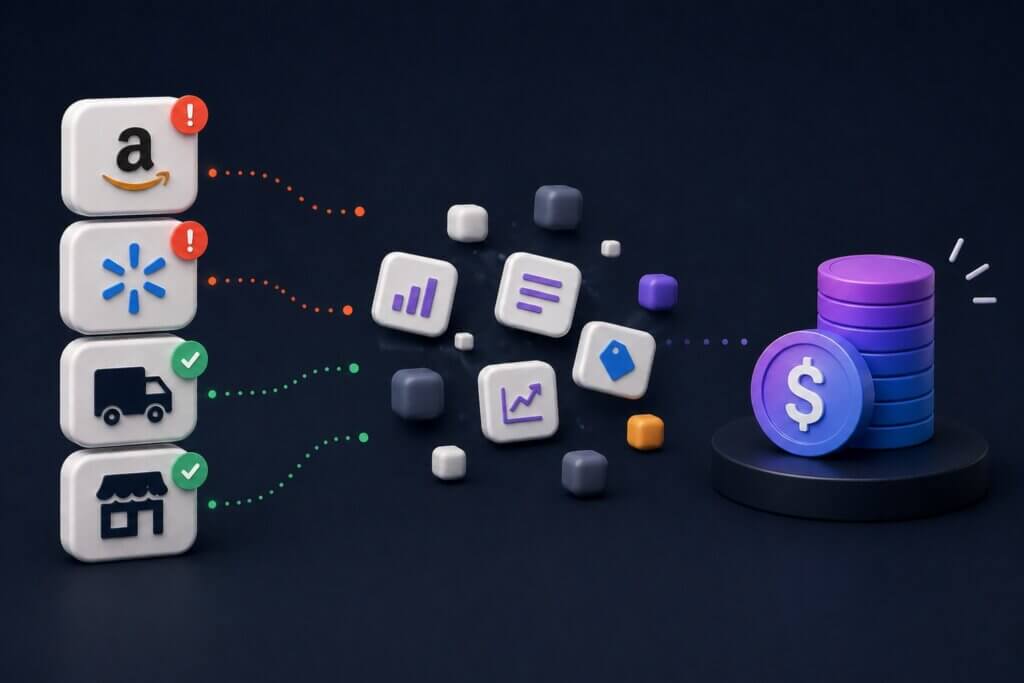 A claymorphic illustration representing a revenue recovery provider taking inputs from marketplaces and shipping carriers, and outputting recovered funds.
