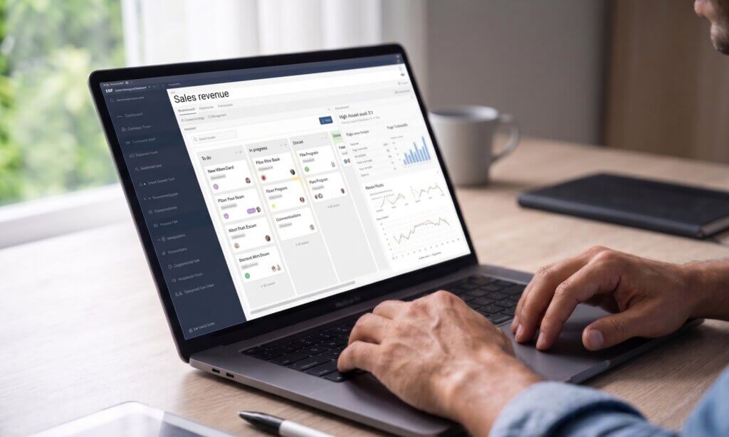 A man sat at his desk reviewing sales revenue on his laptop