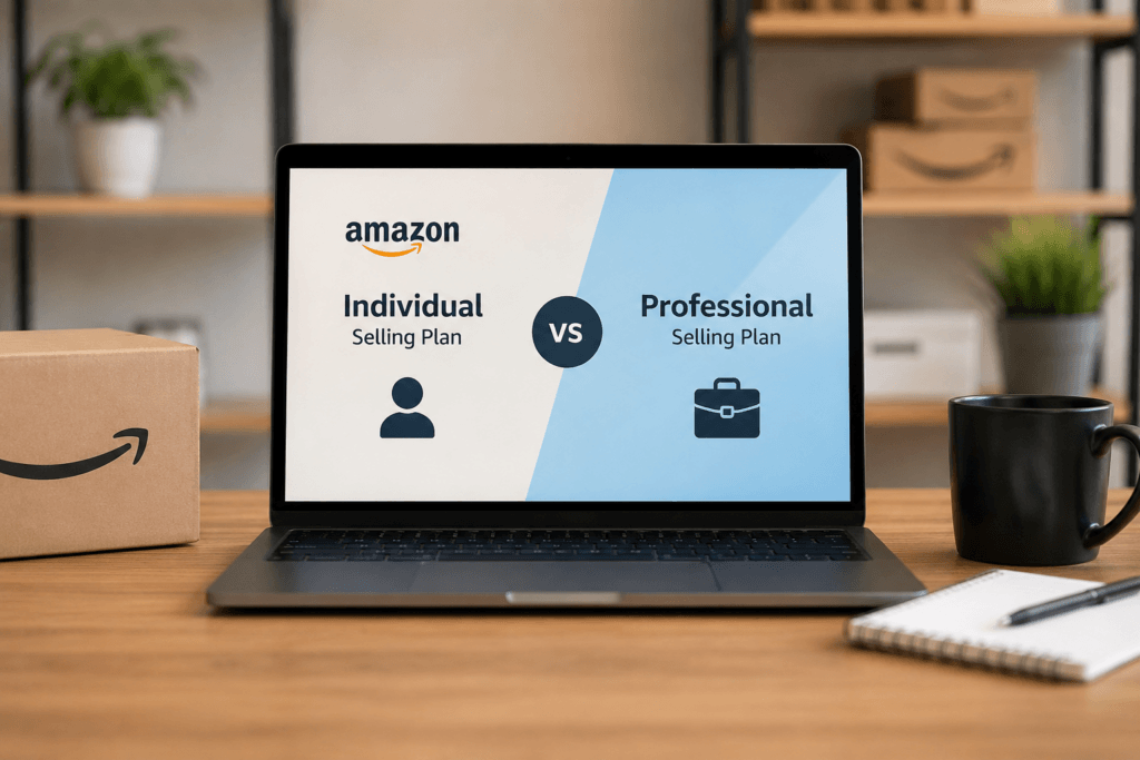 amazon-individual-vs-professional-selling-plan - A laptop displaying Amazon's seller plans