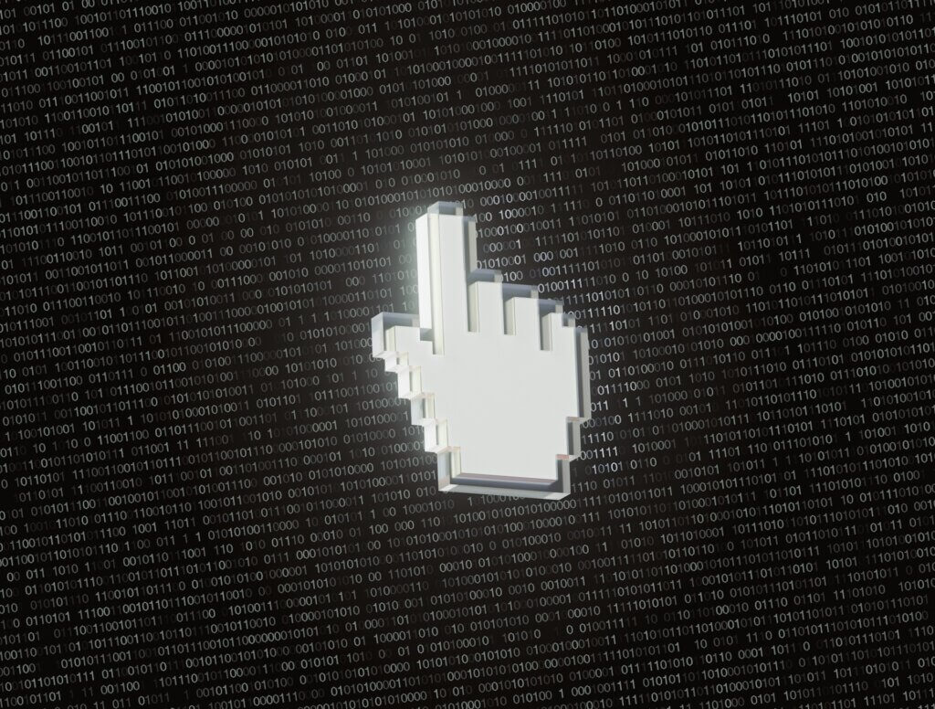 Amazon clicks vs sessions - A pixelated hand cursor pointing against a dark background covered in binary code