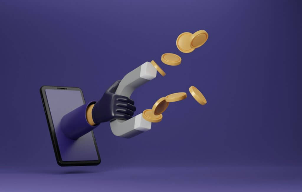 Amazon seller scams - A 3D hand emerging from a smartphone using a magnet to steal gold coins
