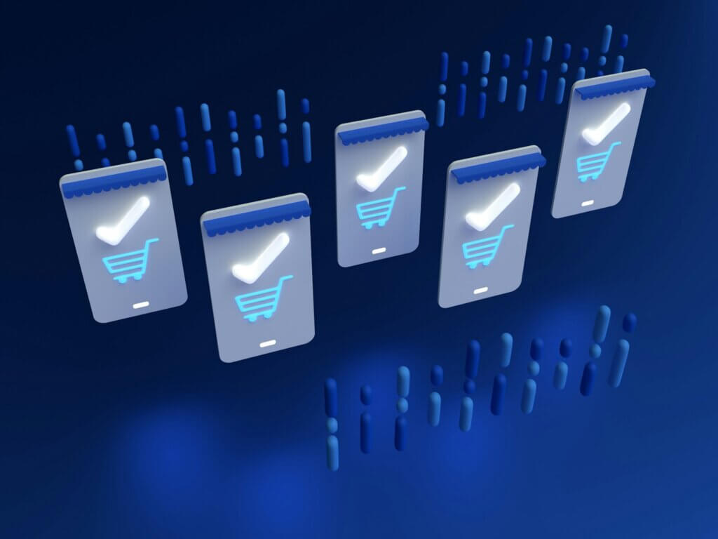 storefront icons with shopping cart and checkmark symbols, representing selling across multiple online marketplaces