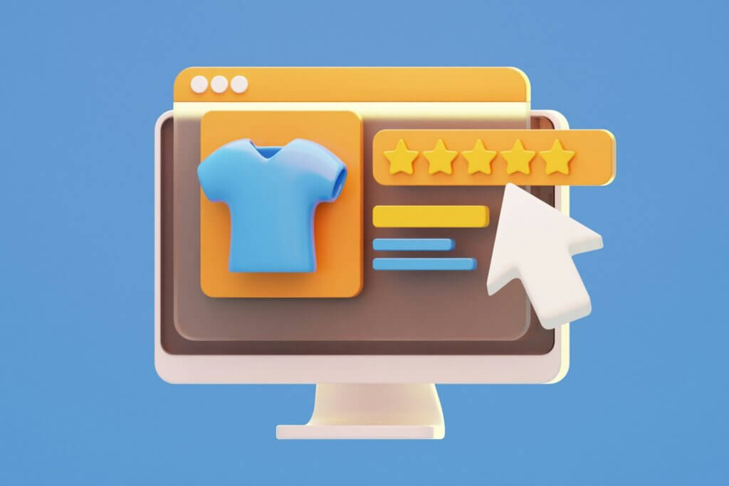 Illustration of an online product listing with a five-star rating, representing ecommerce reviews and shopping