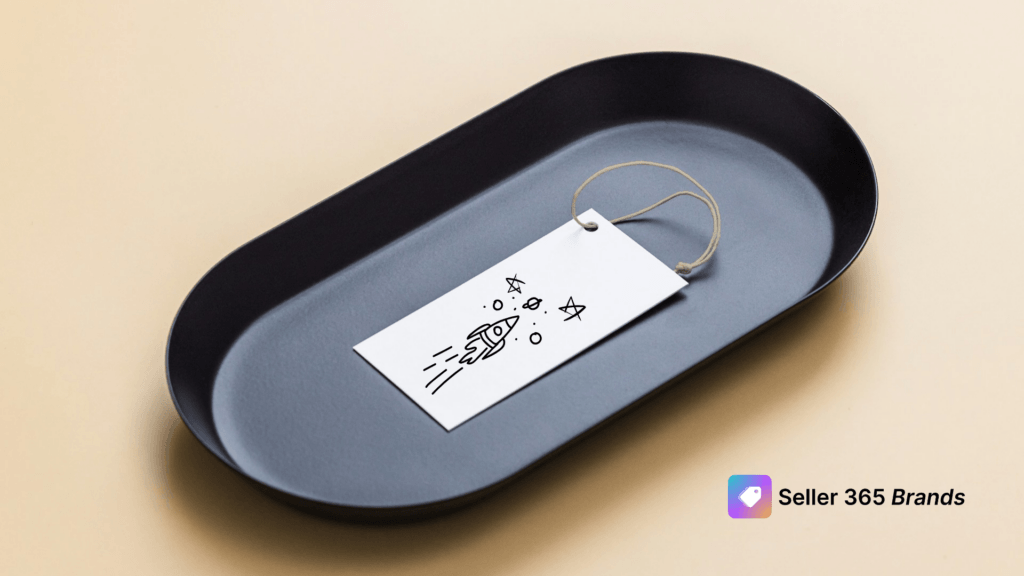 A product tag with a hand-drawn rocket illustration on a tray, next to the Seller 365 Brands logo