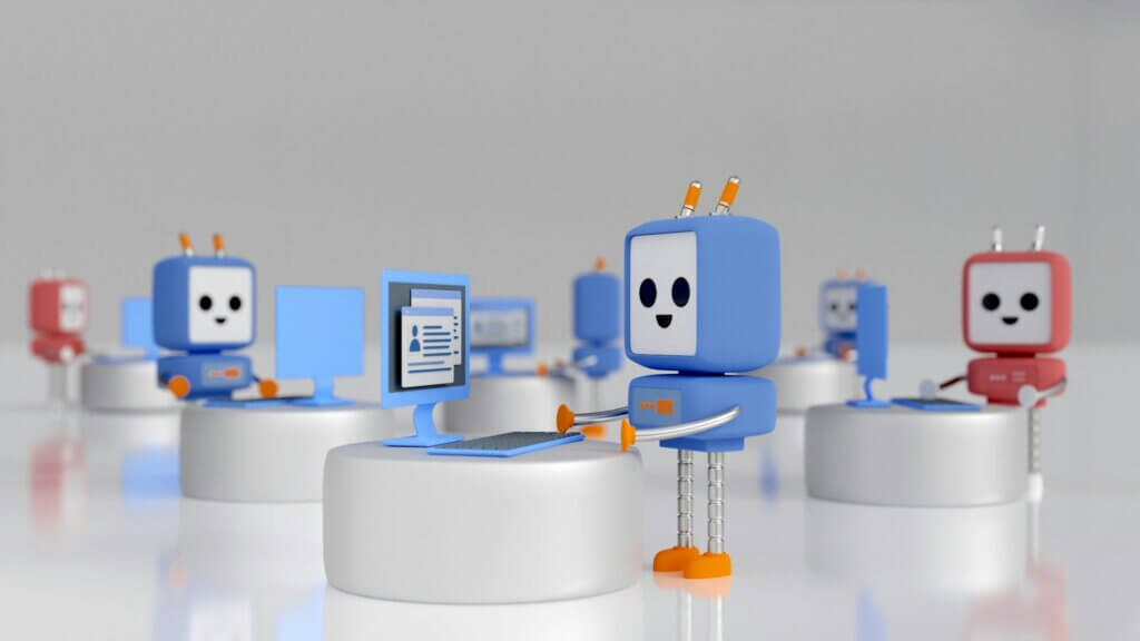 amazon seller automation progress - Blue and red robots working at computers on pedestals