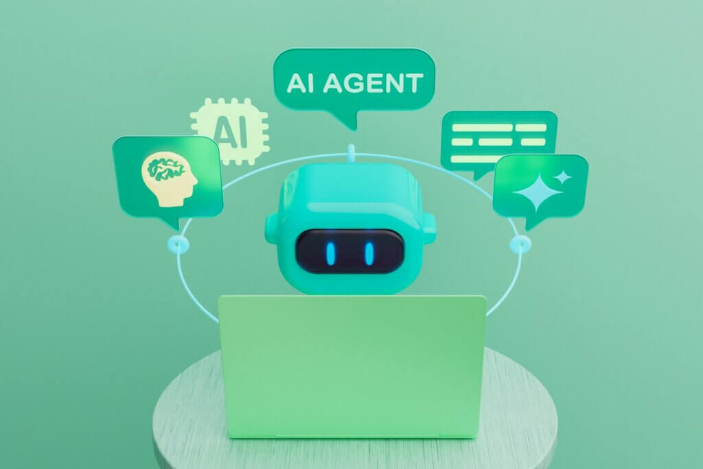 how to evaluate an ai agent - Green robot at a laptop with AI agent speech bubbles