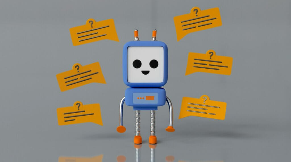 what to automate in your amazon business - Blue robot surrounded by orange question bubbles