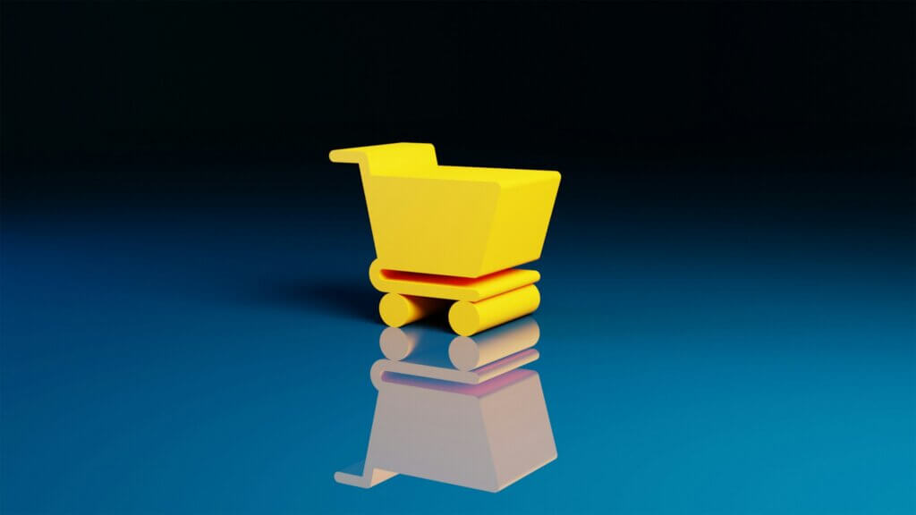 Yellow shopping cart representing Alibaba on top of blue floor representing Amazon marketplace